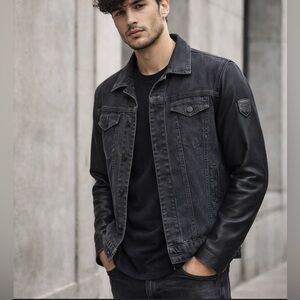 RUDSAK Denim & Genuine Leather Sleeve Trucker/Moto Jacket in Black